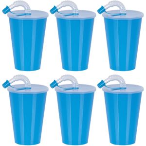 Juypal Drinkbeker met deksel en rietje - 12x - blauw - kunststof - 450 ml - 12 x 9 cm