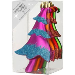 12x stuks kunststof kersthangers kerstbomen gekleurd 14,5 cm kerstornamenten - Kunststof ornamenten kerstversiering