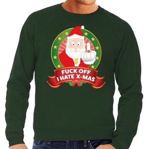 Foute kersttrui / sweater - groen - Kerstman met middelvinger Fuck Off I Hate X-mas heren