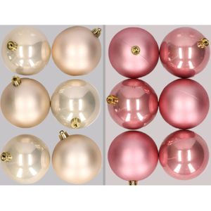 12x stuks kunststof kerstballen mix van champagne en oudroze 8 cm - Kerstversiering