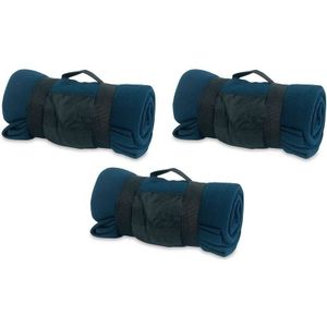 3x Fleece dekens/plaids navy blauw met afneembaar handvat 160 x 130 cm - Woondeken - Fleecedekens