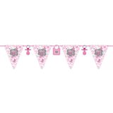 Geboorte versiering meisje - ooievaar geboortebord - 100 cm hoog - vlaggenlijn roze - 12 meter