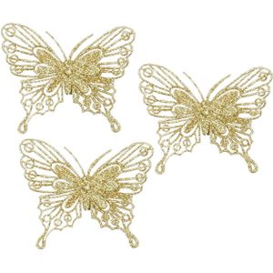 House of Seasons kerstboomversiering vlinders op clip - 12x st - goud - 10 cm