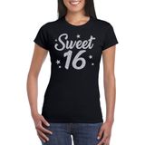 Sweet 16 zilver glitter cadeau t-shirt zwart dames - dames shirt 16 jaar - verjaardag kleding / outfit