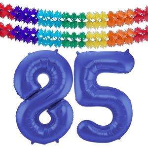 Folat folie ballonnen - Leeftijd cijfer 85 - blauw - 86 cm - en 2x slingers