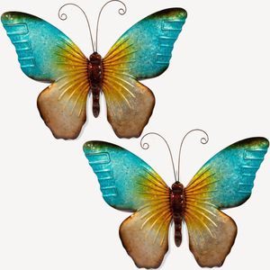 Anna's Collection Wand decoratie vlinder - 2x - blauw - 32 x 24 cm - metaal - muurdecoratie