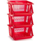 3x Rode opberg kratten/kasten/organizers 3 vakken 62 x 32 cm - Stapelbare manden/bakken om spullen in op te bergen