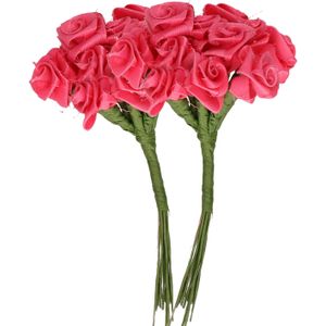 Rayher Decoratie roosjes satijn - 2x - bosje van 12 - fuchsia roze - 12 cm - hobby/DIY bloemetjes