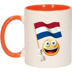 Smiley vlag Nederland beker / mok wit en oranje - 300 ml - oranje supporter / fan