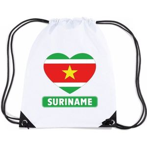 Suriname nylon rijgkoord rugzak/ sporttas wit met Surinaamse vlag in hart