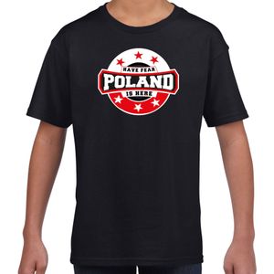 Have fear Poland is here t-shirt met sterren embleem in de kleuren van de Poolse vlag - zwart - kids - Polen supporter / Pools elftal fan shirt / EK / WK / kleding