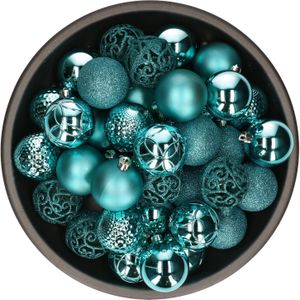 37x stuks kunststof/plastic kerstballen turquoise blauw 6 cm mix - Onbreekbaar - Kerstboomversiering/kerstversiering