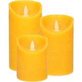 LED kaarsen/stompkaarsen - set 3x - oker geel - H10, H12,5 en H15 cm - bewegende vlam