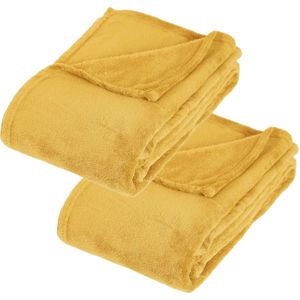 2x Stuks Fleece deken/fleeceplaid oker geel 130 x 180 cm polyester - Bankdeken - Fleece deken - Fleece plaid