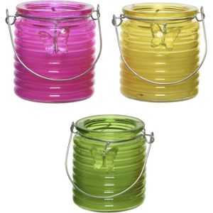 Citronella kaars - 3x - in windlicht - roze/geel en groen - 20 branduren - citrusgeur