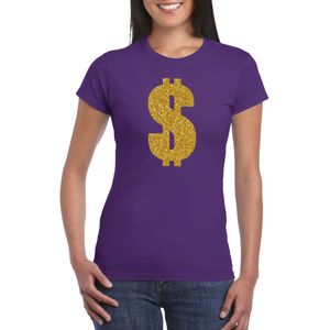 Gouden dollar / Gangster verkleed t-shirt / kleding - paars - voor dames - Verkleedkleding / carnaval / outfit / gangsters