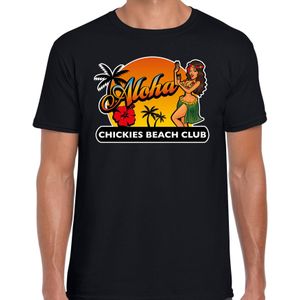 Hawaii feest t-shirt / shirt Aloha chickies beach club voor heren - zwart - Hawaiiaanse party outfit / kleding/ verkleedkleding/ carnaval shirt
