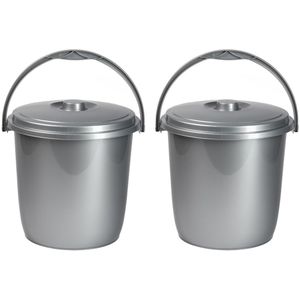 2x Afsluitbare emmers met deksel 15 liter zilver - Afval scheiden - Afvalemmer/vuilnisemmer - Luieremmer - Schoonmaken/reinigen - Wasemmer