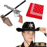 Carnaval Verkleed set - Cowboy hoed zwart/zakdoek rood/holster met revolver - voor kinderen