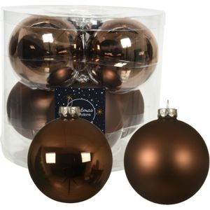 12x stuks kerstballen walnoot bruin van glas 10 cm - mat/glans - Kerstversiering/boomversiering