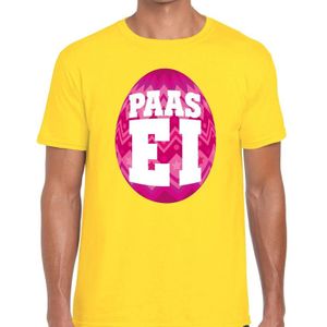 Geel Paas t-shirt met roze paasei - Pasen shirt voor heren - Pasen kleding