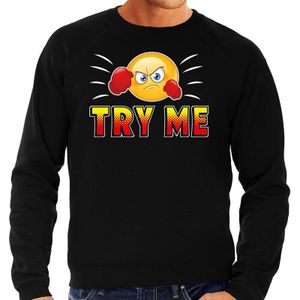 Funny emoticon sweater Try me zwart voor heren - Fun / cadeau trui