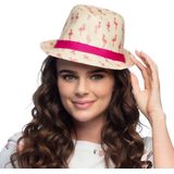 Boland Verkleed hoedje voor Tropical Hawaii party - Roze flamingo print - volwassenen - Carnaval - Trilby hoed