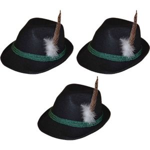 3x Zwarte Tiroler hoedjes verkleedaccessoires voor volwassenen - Oktoberfest/bierfeest feesthoeden - Alpenhoedje/jagershoedje