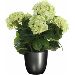 Hortensia kunstplant/kunstbloemen 45 cm - groen - in pot titanium grijs - Kunst kamerplant