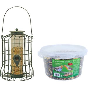 Vogel voedersilo voor kleine vogels metaal groen 36 cm inclusief 4-seizoenen energy vogelvoer - Vogel voederstation