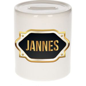 Jannes naam cadeau spaarpot met gouden embleem - kado verjaardag/ vaderdag/ pensioen/ geslaagd/ bedankt