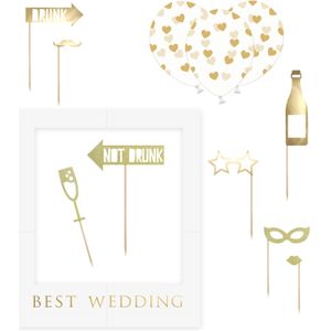 PartyDeco foto prop set Best Wedding - goud/wit - 13-delig - met frame - photobooth - Bruiloft