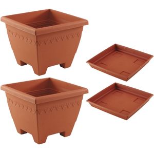 3x stuks vierkante plantenbakken/potten  35 x 35 x 27 cm terra cotta kleur met opvangschaal van 31 cm - Kunststof - Buiten gebruik