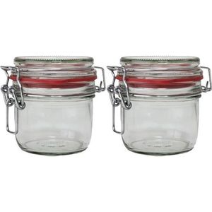 2x Weckpot/inmaakpot 200 ml met rode rubberen ring, klepdeksel en beugelsluiting - Weckpotten - Inmaakpotten - Voorraadbussen