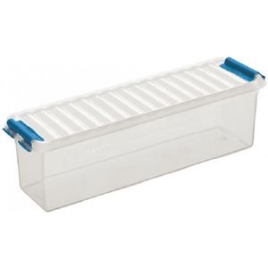 Sunware Q-Line opberg box/opbergdoos 1,3 liter 27 x 8,4 x 9 cm kunststof - Langwerpige/smalle opslagbox - Opbergbak kunststof transparant/blauw