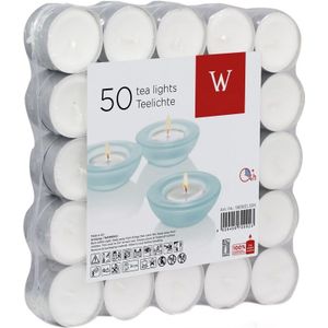 50x Witte theelichtjes/waxinelichtjes 4 branduren - Geurloze kaarsen