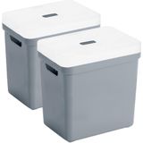 Set van 2x opbergboxen/opbergmanden blauwgrijs van 25 liter kunststof met transparante deksel 35 x 25 x 36 cm