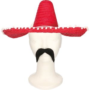 Carnaval verkleed set Gringo - Mexicaanse sombrero hoed - rood - met Western thema plaksnor rood