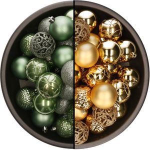 Bellatio Decorations Kerstballen mix - 74-delig - salie groen en goudkleurig - 6 cm - kunststof