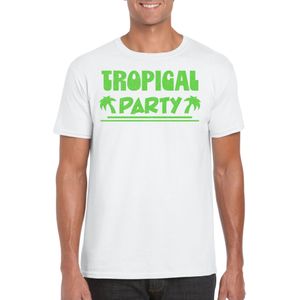 Bellatio Decorations Tropical party T-shirt heren - met glitters - wit/groen - carnaval/themafeest