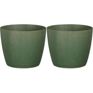 Mica Decorations - plantenpot/bloempot - 2x - kunststof - donkergroen/ribbels- D17,5/H15 cm