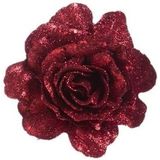 6x Rode roos met glitters op clip 10 cm - kerstversiering