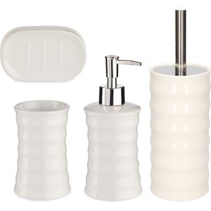 Badkamer accessoires set 4-delig creme wit van keramiek - Toiletborstel - Zeeppompje - Beker - Plateau