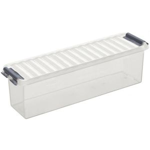 Sunware Q-Line opberg box/opbergdoos 1,3 liter 27 x 8,4 x 9 cm kunststof - Langwerpige/smalle opslagbox - Opbergbak kunststof transparant/zilver