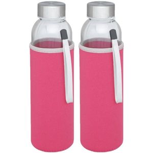 2x stuks glazen waterfles/drinkfles met roze softshell bescherm hoes 500 ml - Sportfles - Bidon