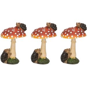 Set van 3x stuks decoratie beeldjes van een paddestoel met egeltjes polyresin 11 cm - Herfst decoratie beeldjes voor binnen/buiten