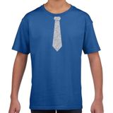 Blauw fun t-shirt met stropdas in glitter zilver kinderen - feest shirt voor kids