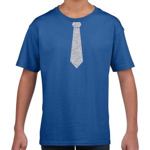 Blauw fun t-shirt met stropdas in glitter zilver kinderen - feest shirt voor kids