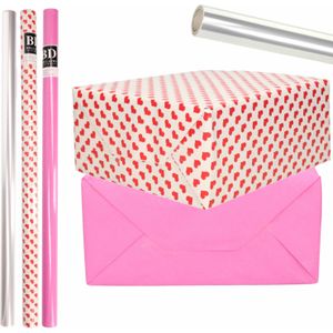6x Rollen kraft inpakpapier transparante folie/hartjes pakket - roze/harten design 200 x 70 cm - Valentijn/liefde/cadeaupapier