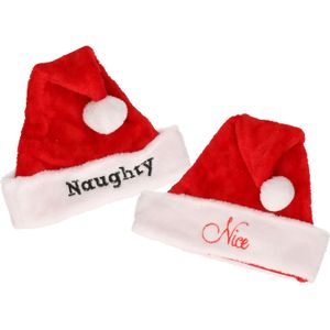 Kerstmutsen Naughty and Nice set - 2x - rood/wit - polyester - tot maat 58 - volwassenen